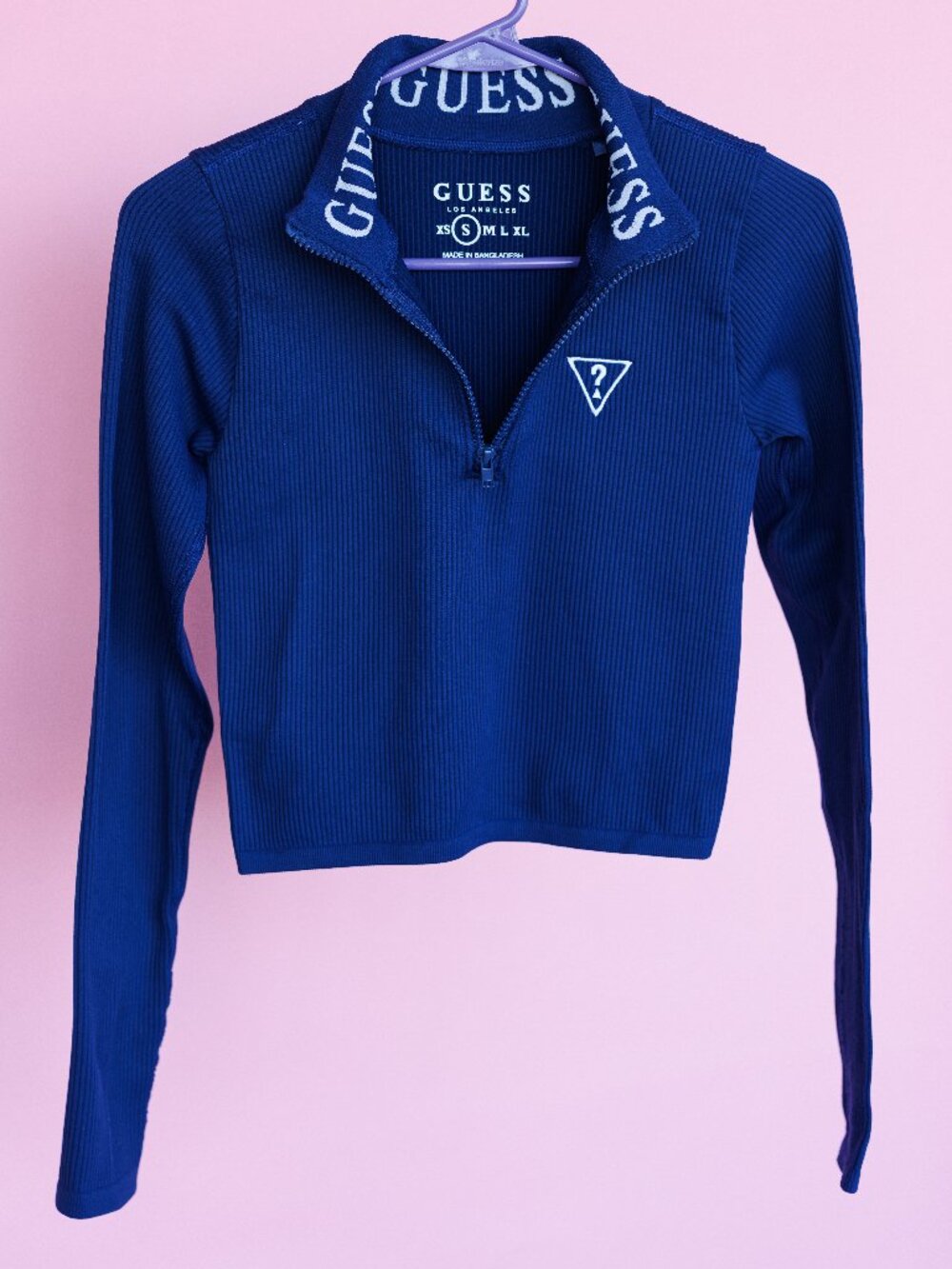 GUESS Blue Ribbed Quarter Zip Logo Top Size S